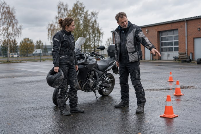 KI-generierte Illustration: Besprechung einer Motorradübung auf dem Übungsplatz